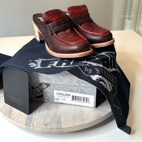 Freebird by Steven Collins Clogs Wine Multi Red Leather Croc Embossed Heels Sz 7 - Picture 1 of 11